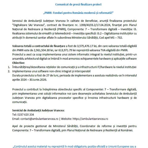 Comunicat de presă — finalizarea proiectului, iunie 2026